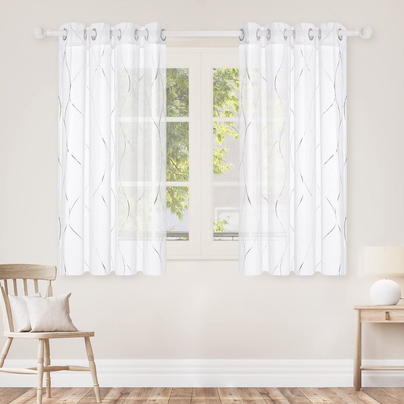 Deconovo Semi Sheer Curtains 2 Panels, 52W x 54L Inch Each, Grommet Top Voile, Light-Filtering Day Privacy, Silver Wave Foil Pattern, Living Room/Bedroom Window Drapes, Easy Hang - Image 2